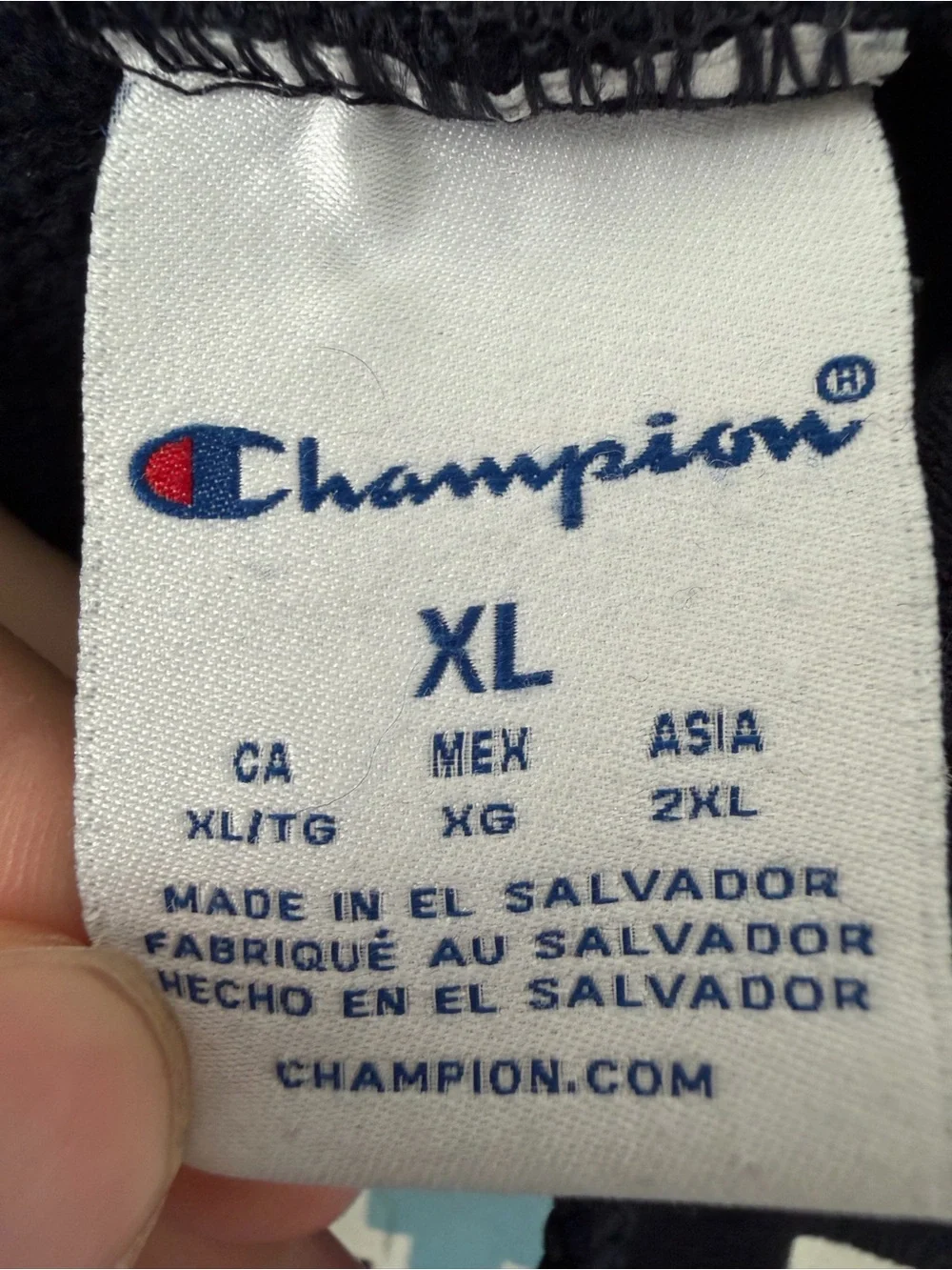 Champion Navy Hoodie with Carolina Arch and Light Blue Logo